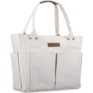 Women White Lattice Premium Large Utility Canvas Tote Bags with Pockets Zip Top